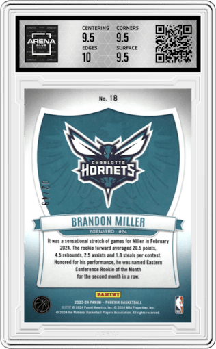 Brandon Miller from the 2023-24 Panini Phoenix set featuring a Orange parallel graded by Arena Club and given an overall grade of 10.