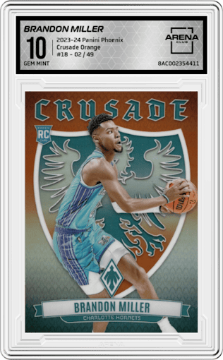 Brandon Miller from the 2023-24 Panini Phoenix set featuring a Orange parallel graded by Arena Club and given an overall grade of 10.