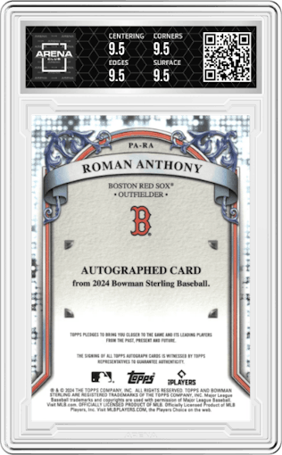 Roman Anthony from the 2024 Bowman Sterling set graded by Arena Club and given an overall grade of 9.5.