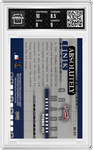 Greg Maddux from the 2002 Playoff Absolute Memorabilia set graded by Arena Club and given an overall grade of 8.5.