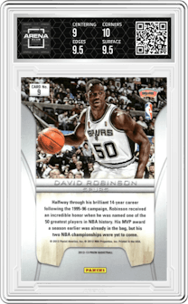 David Robinson from the 2012-13 Panini Prizm set featuring a Silver Prizm parallel graded by Arena Club and given an overall grade of 9.5.