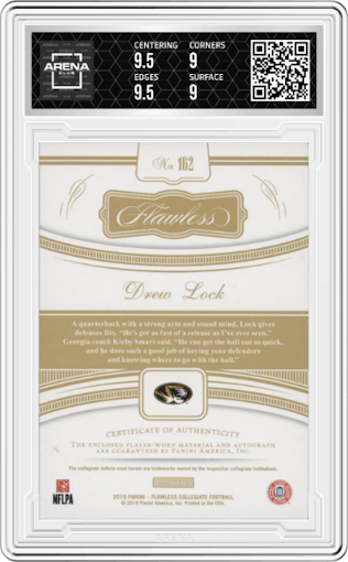 Drew Lock from the 2019 Panini Flawless Collegiate set featuring a Gold parallel graded by Arena Club and given an overall grade of 9.5.