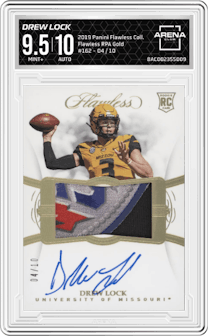 Drew Lock from the 2019 Panini Flawless Collegiate set featuring a Gold parallel graded by Arena Club and given an overall grade of 9.5.