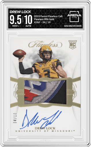 Drew Lock from the 2019 Panini Flawless Collegiate set featuring a Gold parallel graded by Arena Club and given an overall grade of 9.5.