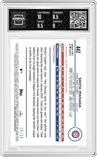 Shota Imanaga from the 2024 Topps  set featuring a Memorial Day Camo parallel graded by Arena Club and given an overall grade of 9.