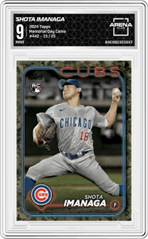 Shota Imanaga from the 2024 Topps  set featuring a Memorial Day Camo parallel graded by Arena Club and given an overall grade of 9.