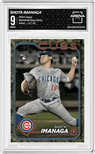 Shota Imanaga from the 2024 Topps  set featuring a Memorial Day Camo parallel graded by Arena Club and given an overall grade of 9.