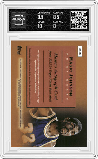 Magic Johnson from the 2023-24 Finest set featuring a Red Refractor parallel graded by Arena Club and given an overall grade of 8.5.