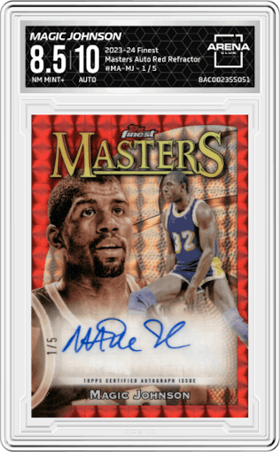 Magic Johnson from the 2023-24 Finest set featuring a Red Refractor parallel graded by Arena Club and given an overall grade of 8.5.