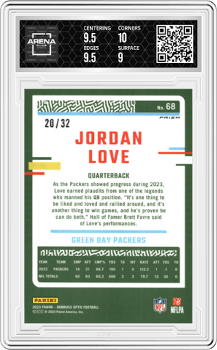 Jordan Love from the 2023 Donruss Optic set featuring a Shield parallel graded by Arena Club and given an overall grade of 9.5.