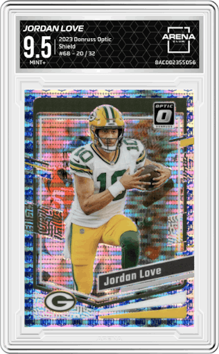 Jordan Love from the 2023 Donruss Optic set featuring a Shield parallel graded by Arena Club and given an overall grade of 9.5.