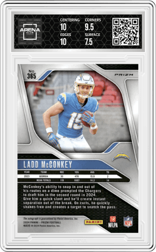 Ladd McConkey from the 2024 Panini Prizm set featuring a  Silver  parallel graded by Arena Club and given an overall grade of 8.