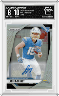 Ladd McConkey from the 2024 Panini Prizm set featuring a  Silver  parallel graded by Arena Club and given an overall grade of 8.