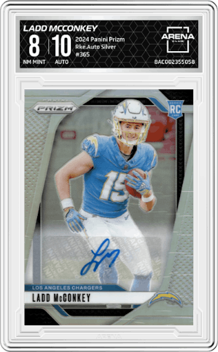 Ladd McConkey from the 2024 Panini Prizm set featuring a  Silver  parallel graded by Arena Club and given an overall grade of 8.