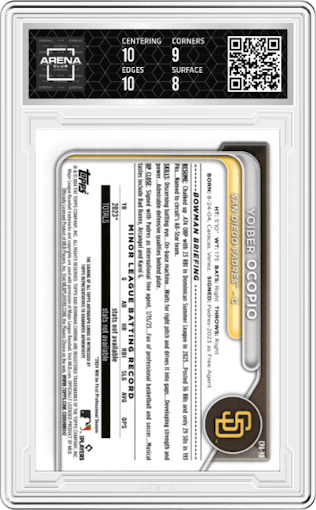 Yoiber Ocopio from the 2024 Bowman Chrome set featuring a Red Shimmer Refractor parallel graded by Arena Club and given an overall grade of 8.5.