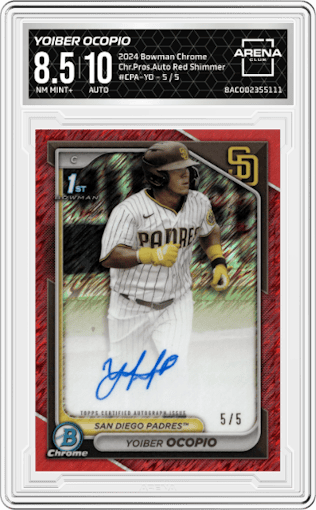 Yoiber Ocopio from the 2024 Bowman Chrome set featuring a Red Shimmer Refractor parallel graded by Arena Club and given an overall grade of 8.5.