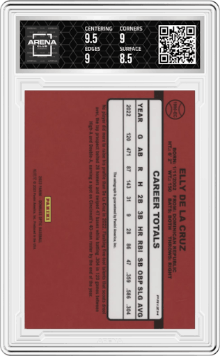 Elly De La Cruz from the 2023 Panini Donruss set graded by Arena Club and given an overall grade of 9.