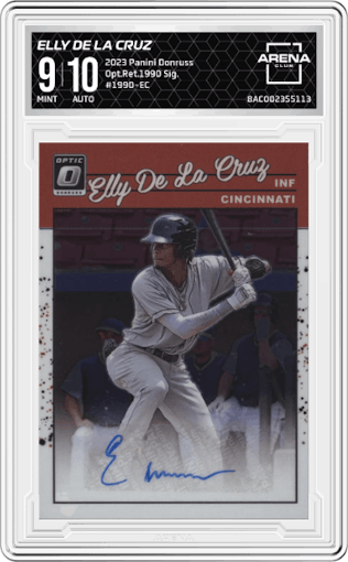 Elly De La Cruz from the 2023 Panini Donruss set graded by Arena Club and given an overall grade of 9.