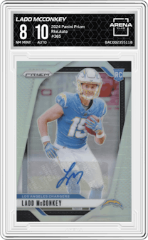 Ladd McConkey from the 2024 Panini Prizm set graded by Arena Club and given an overall grade of 8.