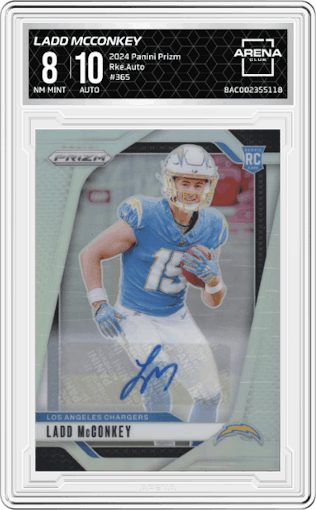 Ladd McConkey from the 2024 Panini Prizm set graded by Arena Club and given an overall grade of 8.