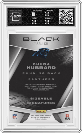 Chuba Hubbard from the 2021 Panini Black set featuring a Ruby parallel graded by Arena Club and given an overall grade of 9.