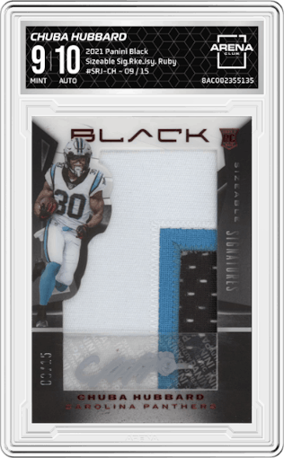 Chuba Hubbard from the 2021 Panini Black set featuring a Ruby parallel graded by Arena Club and given an overall grade of 9.