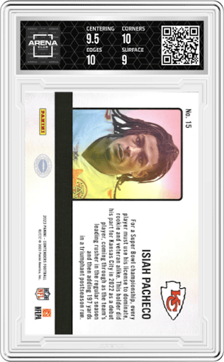 Isiah Pacheco	 from the 2023 Panini Contenders set graded by Arena Club and given an overall grade of 9.5.