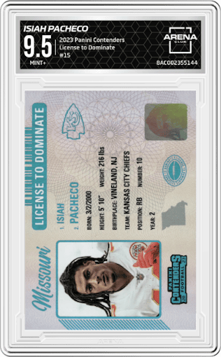 Isiah Pacheco	 from the 2023 Panini Contenders set graded by Arena Club and given an overall grade of 9.5.