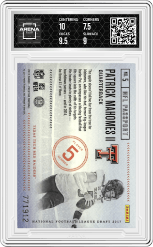Patrick Mahomes II from the 2017 Panini Prestige set graded by Arena Club and given an overall grade of 8.