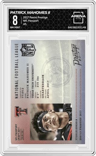 Patrick Mahomes II from the 2017 Panini Prestige set graded by Arena Club and given an overall grade of 8.
