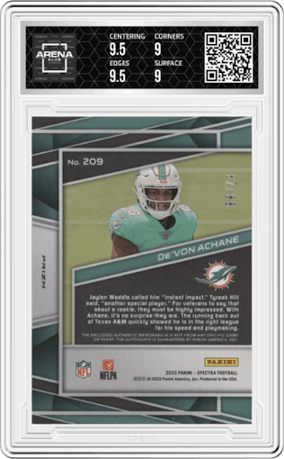 DeVon Achane from the 2023 Panini Spectra set graded by Arena Club and given an overall grade of 9.5.