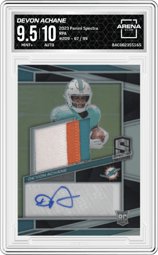 DeVon Achane from the 2023 Panini Spectra set graded by Arena Club and given an overall grade of 9.5.