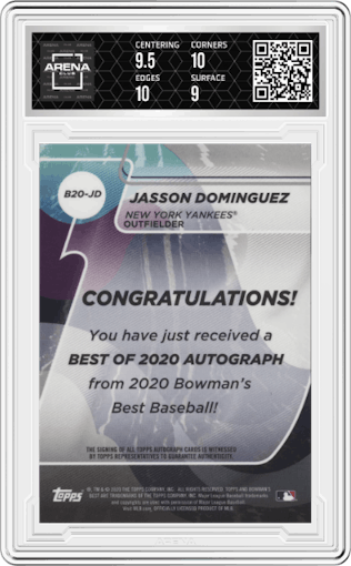 Jasson Dominguez from the 2020 Bowman’s Best set graded by Arena Club and given an overall grade of 9.5.