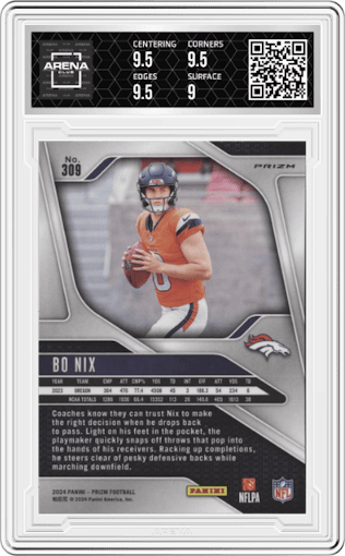 Bo Nix from the 2024 Panini Prizm set featuring a Neon Green Pulsar  parallel graded by Arena Club and given an overall grade of 9.5.
