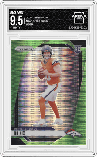 Bo Nix from the 2024 Panini Prizm set featuring a Neon Green Pulsar  parallel graded by Arena Club and given an overall grade of 9.5.