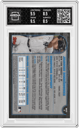 Jasson Dominguez from the 2024 Bowman Chrome set graded by Arena Club and given an overall grade of 9.