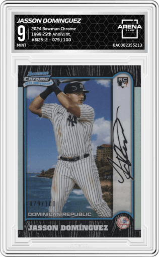 Jasson Dominguez from the 2024 Bowman Chrome set graded by Arena Club and given an overall grade of 9.