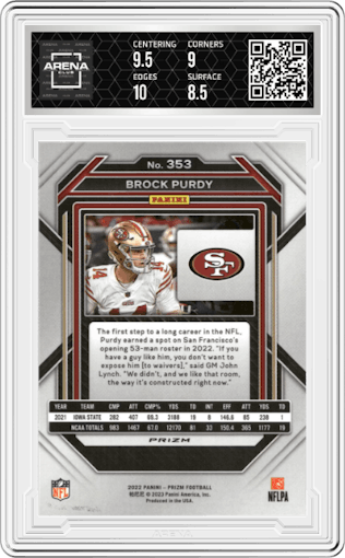 Brock Purdy from the 2022 Panini Prizm set featuring a Red/White/Blue Prizm parallel graded by Arena Club and given an overall grade of 9.