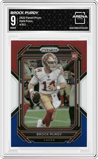 Brock Purdy from the 2022 Panini Prizm set featuring a Red/White/Blue Prizm parallel graded by Arena Club and given an overall grade of 9.