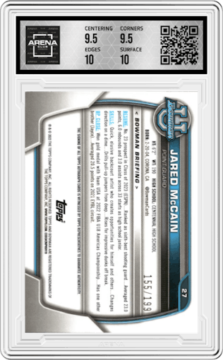 Jared McCain from the 2022-23 Bowman University Chrome set featuring a RayWave Refractor parallel graded by Arena Club and given an overall grade of 10.