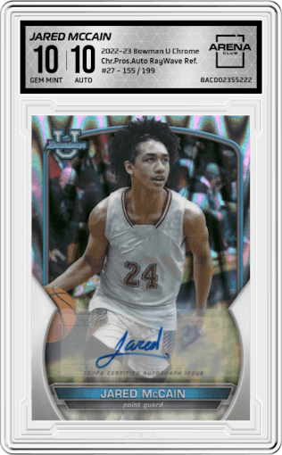 Jared McCain from the 2022-23 Bowman University Chrome set featuring a RayWave Refractor parallel graded by Arena Club and given an overall grade of 10.