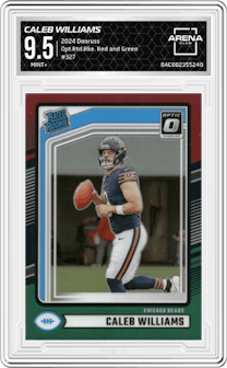Caleb Williams from the 2024 Donruss set featuring a Red and Green parallel graded by Arena Club and given an overall grade of 9.5.