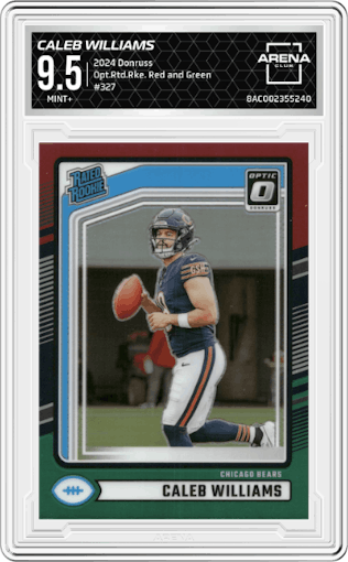 Caleb Williams from the 2024 Donruss set featuring a Red and Green parallel graded by Arena Club and given an overall grade of 9.5.