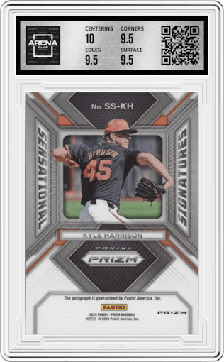 Kyle Harrison from the 2024 Panini Prizm set featuring a Gold Prizm parallel graded by Arena Club and given an overall grade of 10.