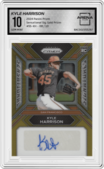 Kyle Harrison from the 2024 Panini Prizm set featuring a Gold Prizm parallel graded by Arena Club and given an overall grade of 10.