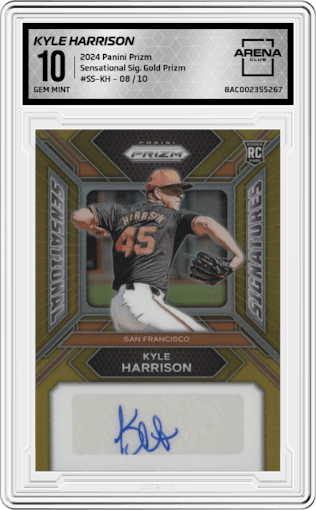 Kyle Harrison from the 2024 Panini Prizm set featuring a Gold Prizm parallel graded by Arena Club and given an overall grade of 10.