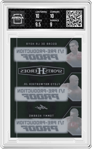Oscar De La Hoya/Floyd Mayweather Jr./Tommy Hearns from the 2025 Leaf Metal Sports Heroes set featuring a Pre-Production Proof Green Lava parallel graded by Arena Club and given an overall grade of 9.5.