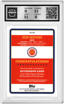 Reed Sheppard from the 2023 Topps Chrome McDonald's All American set graded by Arena Club and given an overall grade of 10.