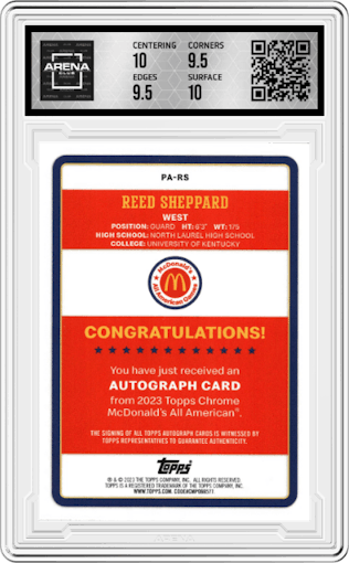 Reed Sheppard from the 2023 Topps Chrome McDonald's All American set graded by Arena Club and given an overall grade of 10.