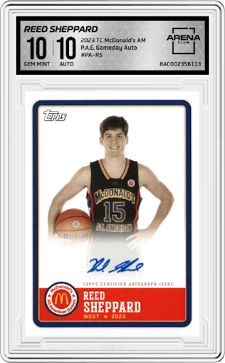 Reed Sheppard from the 2023 Topps Chrome McDonald's All American set graded by Arena Club and given an overall grade of 10.